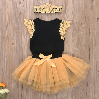 Summer Cute Baby Girl Suit Bow Ruffled Bodysuit Tutu Headband Baby Clothing