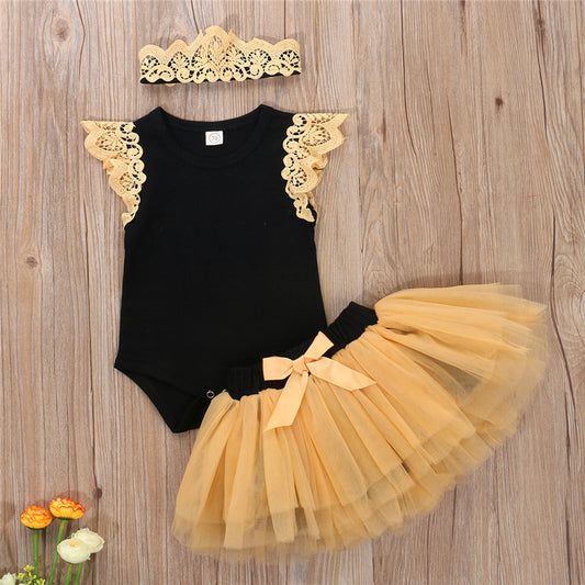 Summer Cute Baby Girl Suit Bow Ruffled Bodysuit Tutu Headband Baby Clothing